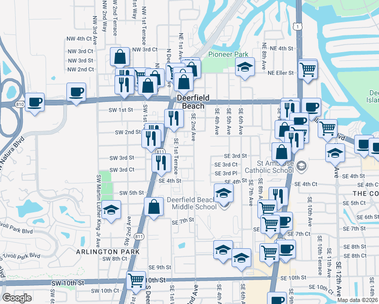 map of restaurants, bars, coffee shops, grocery stores, and more near 179 Southeast 3rd Street in Deerfield Beach