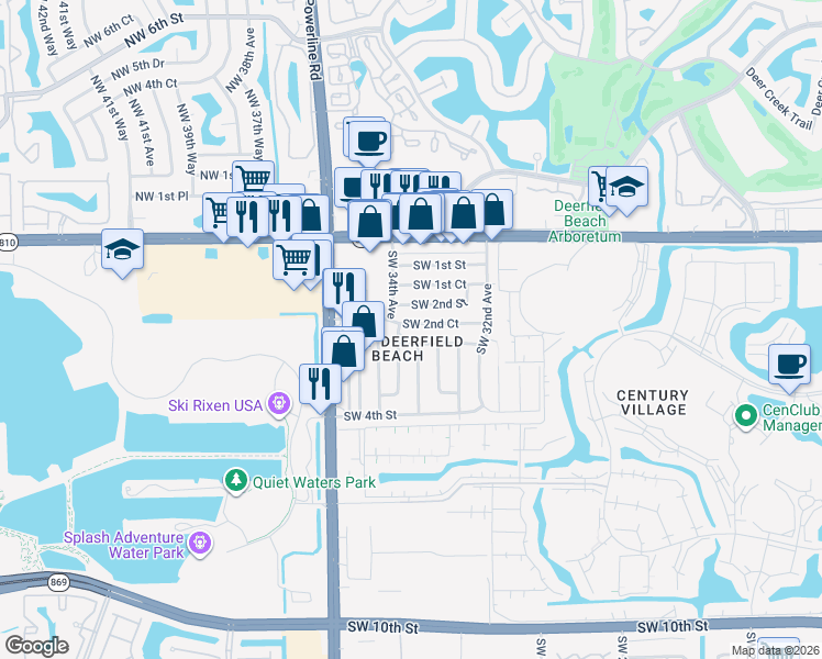map of restaurants, bars, coffee shops, grocery stores, and more near 3370 Southwest 2nd Court in Deerfield Beach