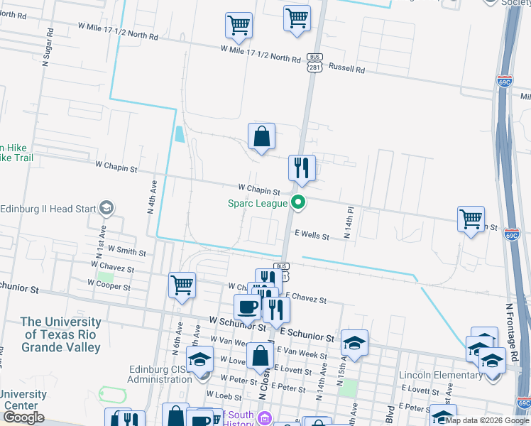 map of restaurants, bars, coffee shops, grocery stores, and more near 207 Fig Drive in Edinburg