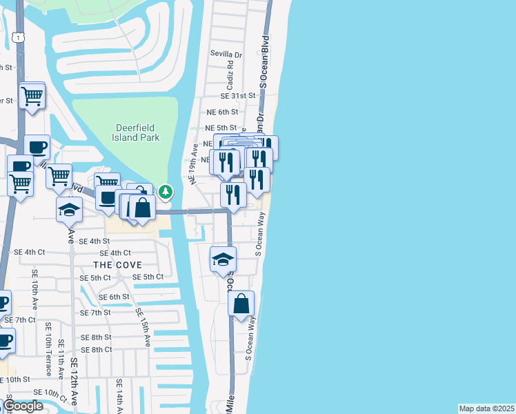 map of restaurants, bars, coffee shops, grocery stores, and more near 45 Northeast 21st Avenue in Deerfield Beach
