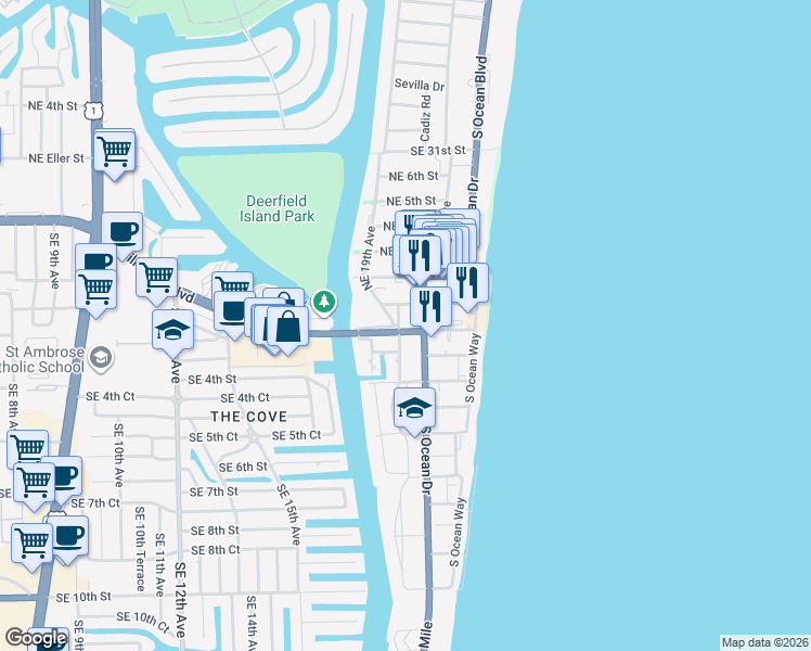 map of restaurants, bars, coffee shops, grocery stores, and more near 1951 East Hillsboro Boulevard in Deerfield Beach