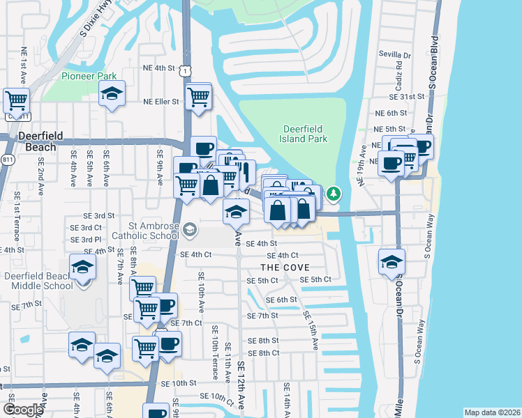 map of restaurants, bars, coffee shops, grocery stores, and more near 1351 Southeast 3rd Street in Deerfield Beach