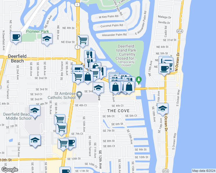 map of restaurants, bars, coffee shops, grocery stores, and more near 1351 Southeast 3rd Street in Deerfield Beach