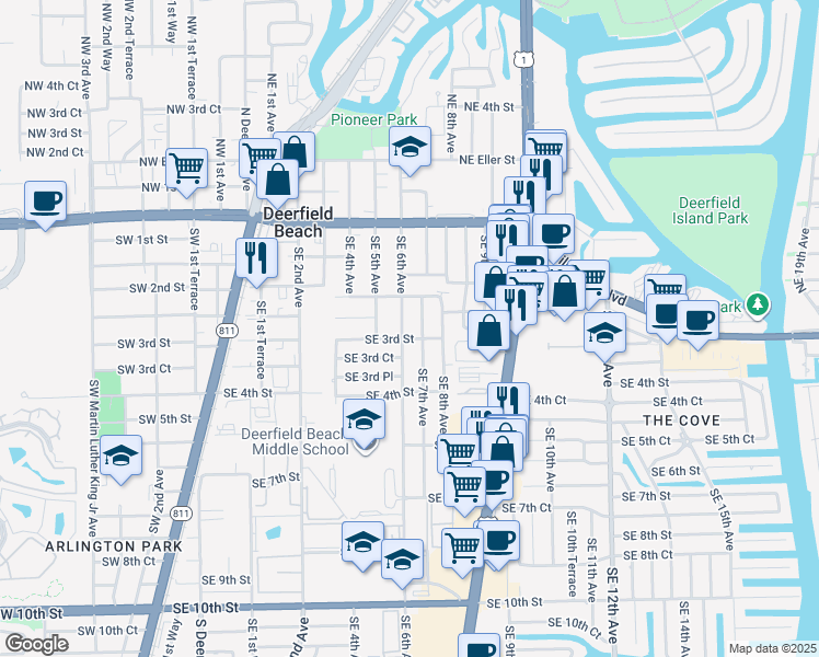 map of restaurants, bars, coffee shops, grocery stores, and more near 611 Southeast 3rd Street in Deerfield Beach