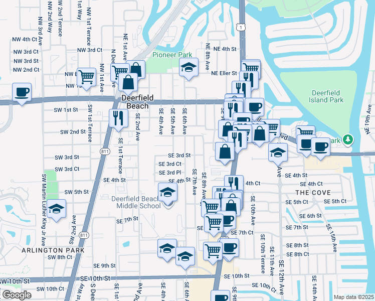 map of restaurants, bars, coffee shops, grocery stores, and more near 611 Southeast 3rd Street in Deerfield Beach