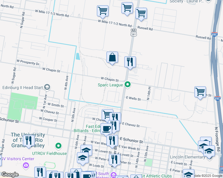 map of restaurants, bars, coffee shops, grocery stores, and more near 203 Fig Drive in Edinburg