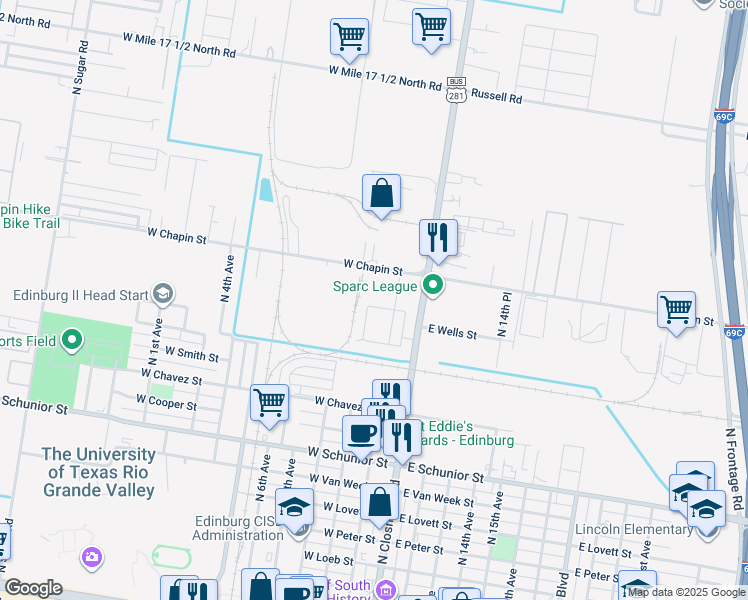 map of restaurants, bars, coffee shops, grocery stores, and more near 203 Fig Drive in Edinburg
