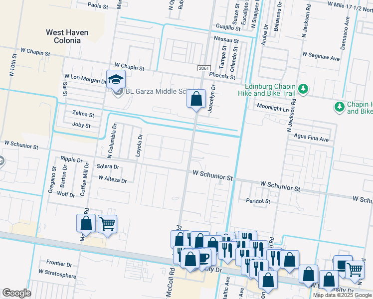 map of restaurants, bars, coffee shops, grocery stores, and more near 909 North McColl Road in Edinburg