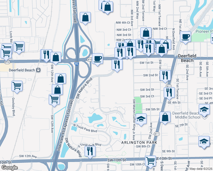 map of restaurants, bars, coffee shops, grocery stores, and more near 260 Southwest Natura Avenue in Deerfield Beach