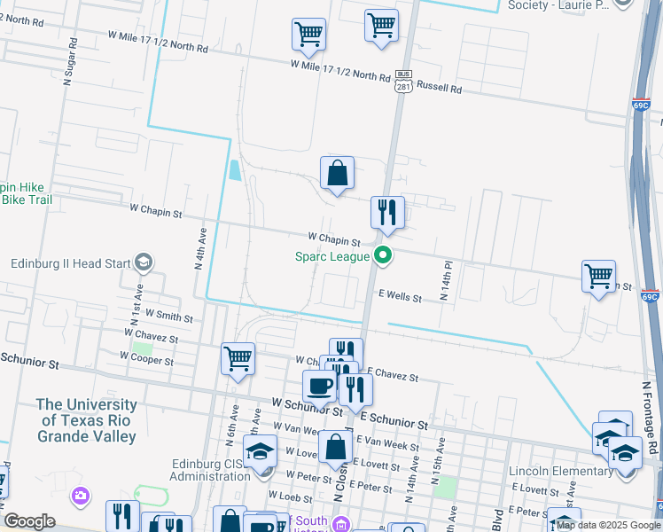 map of restaurants, bars, coffee shops, grocery stores, and more near 203 Fig Drive in Edinburg