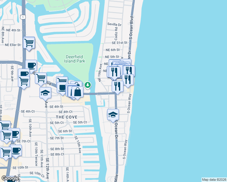 map of restaurants, bars, coffee shops, grocery stores, and more near 9 Northeast 20th Avenue in Deerfield Beach