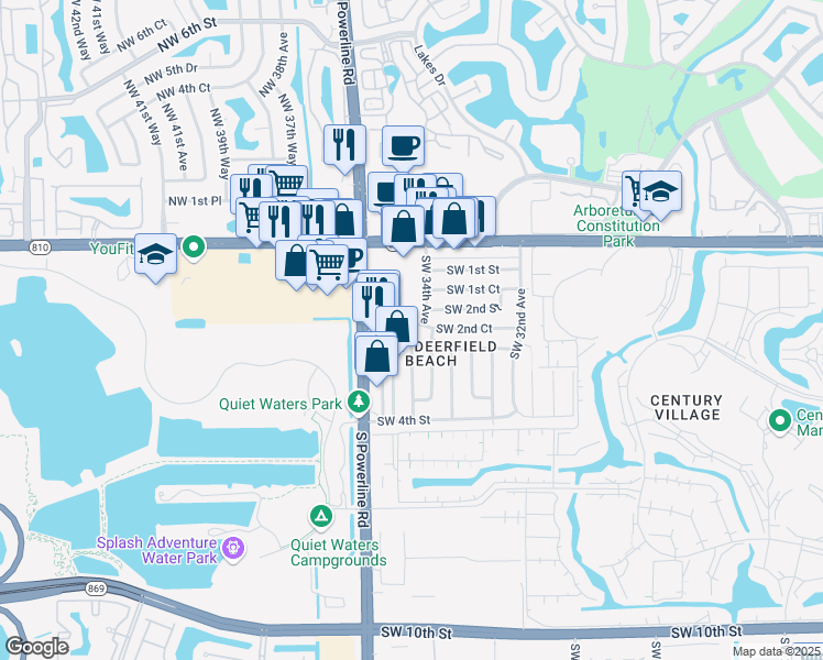 map of restaurants, bars, coffee shops, grocery stores, and more near 3445 Southwest 3rd Street in Deerfield Beach