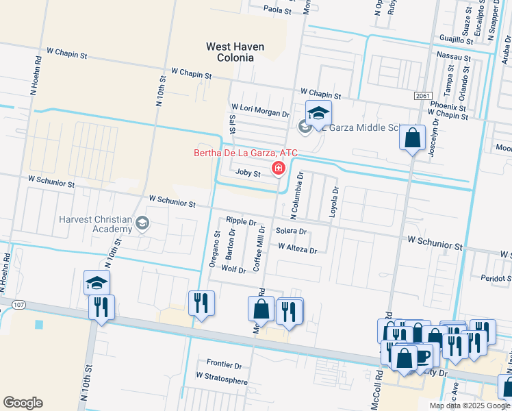 map of restaurants, bars, coffee shops, grocery stores, and more near 3705 West Schunior Street in Edinburg