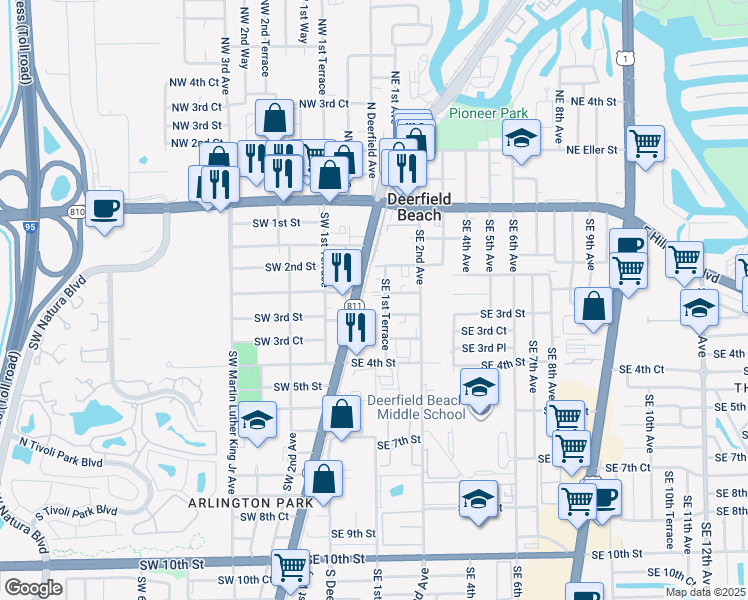 map of restaurants, bars, coffee shops, grocery stores, and more near 141 Southeast 3rd Street in Deerfield Beach
