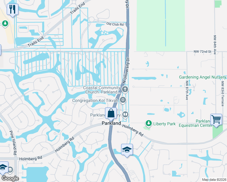 map of restaurants, bars, coffee shops, grocery stores, and more near 9460 Spiderlilly Court in Parkland