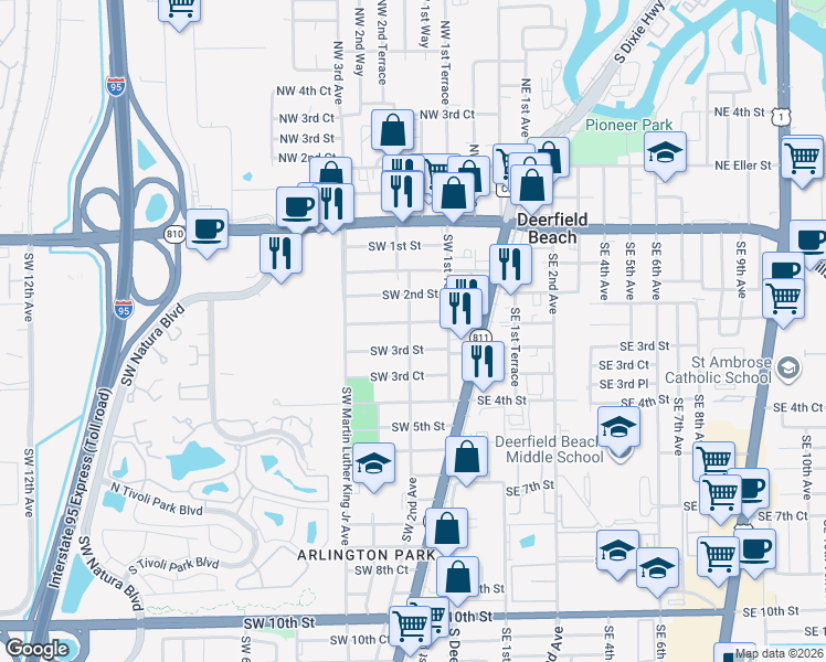 map of restaurants, bars, coffee shops, grocery stores, and more near 184 Southwest 2nd Court in Deerfield Beach