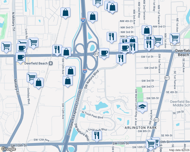 map of restaurants, bars, coffee shops, grocery stores, and more near 2824 Southwest Natura Boulevard in Deerfield Beach