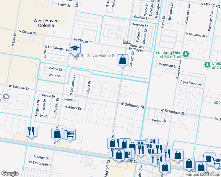 map of restaurants, bars, coffee shops, grocery stores, and more near 909 North McColl Road in Edinburg
