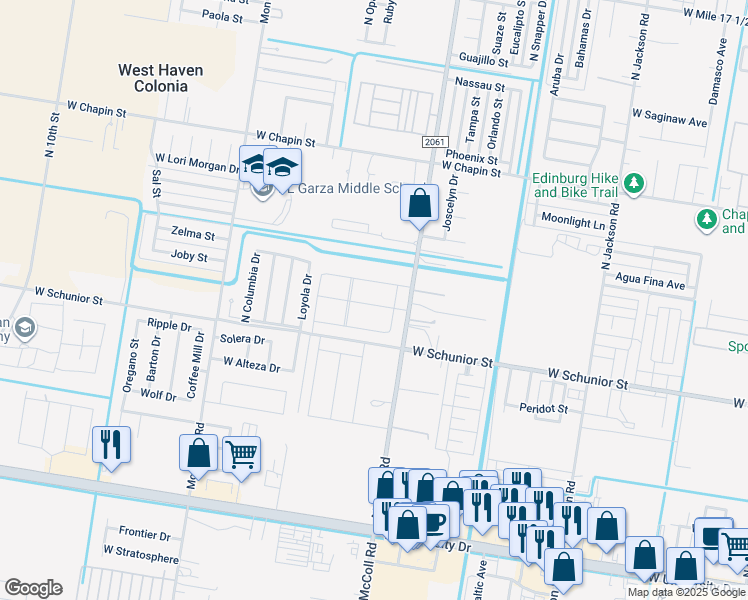 map of restaurants, bars, coffee shops, grocery stores, and more near 909 North McColl Road in Edinburg