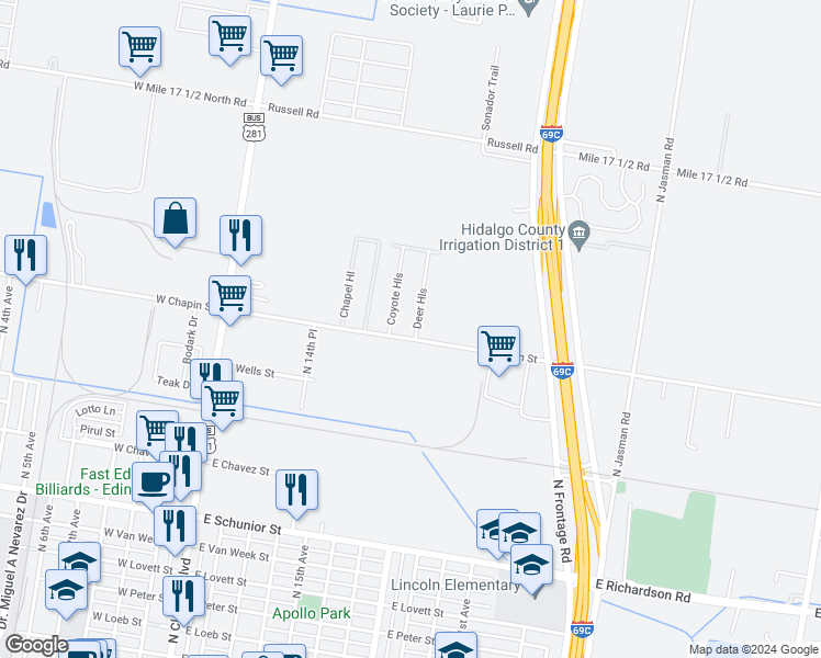 map of restaurants, bars, coffee shops, grocery stores, and more near 1407 Deer Hills in Edinburg