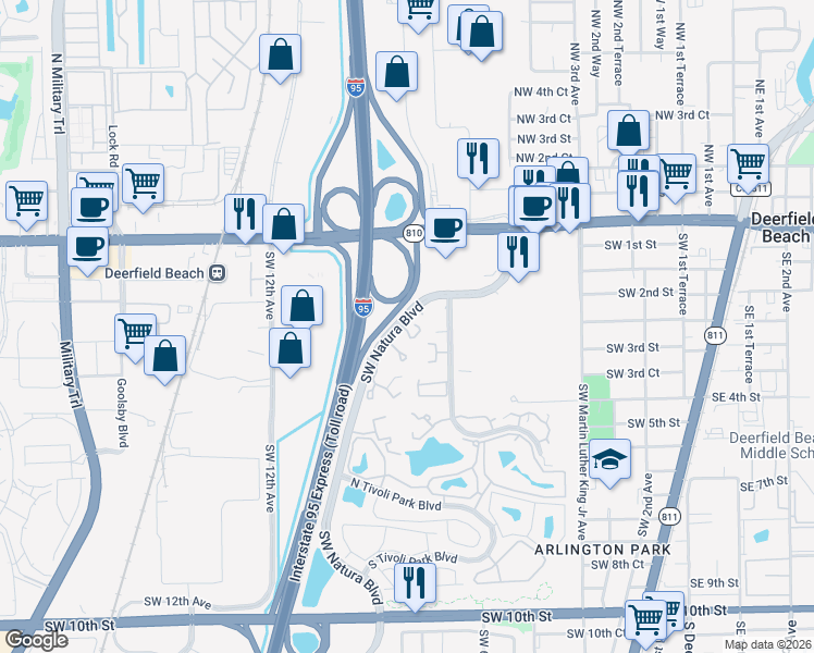map of restaurants, bars, coffee shops, grocery stores, and more near 2824 Southwest Natura Boulevard in Deerfield Beach