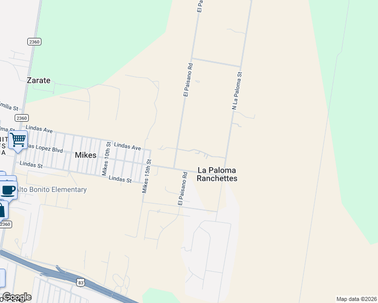 map of restaurants, bars, coffee shops, grocery stores, and more near 506 el Paisano Road in Rio Grande City