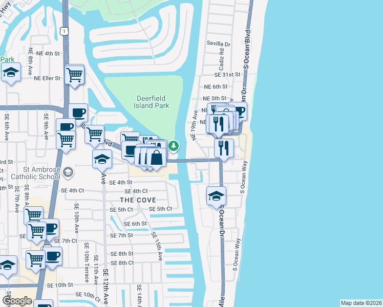 map of restaurants, bars, coffee shops, grocery stores, and more near 101 Northeast 19th Avenue in Deerfield Beach