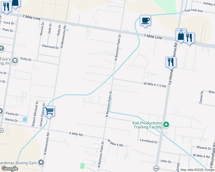 map of restaurants, bars, coffee shops, grocery stores, and more near 7801 North Bentsen Palm Drive in Mission