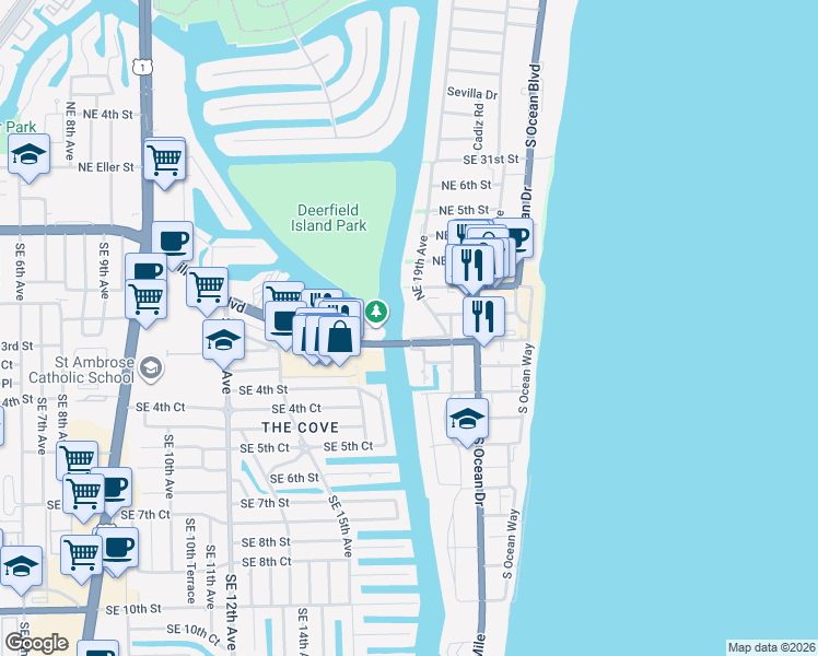 map of restaurants, bars, coffee shops, grocery stores, and more near 101 Northeast 19th Avenue in Deerfield Beach