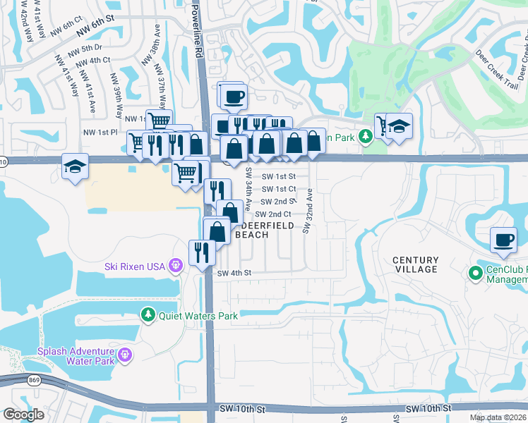 map of restaurants, bars, coffee shops, grocery stores, and more near 3370 Southwest 2nd Court in Deerfield Beach