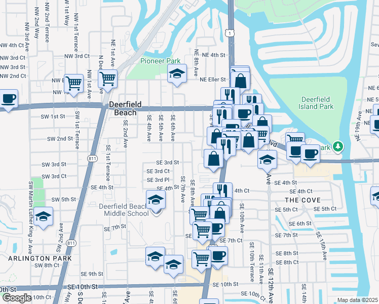map of restaurants, bars, coffee shops, grocery stores, and more near 298 Southeast 8th Avenue in Deerfield Beach