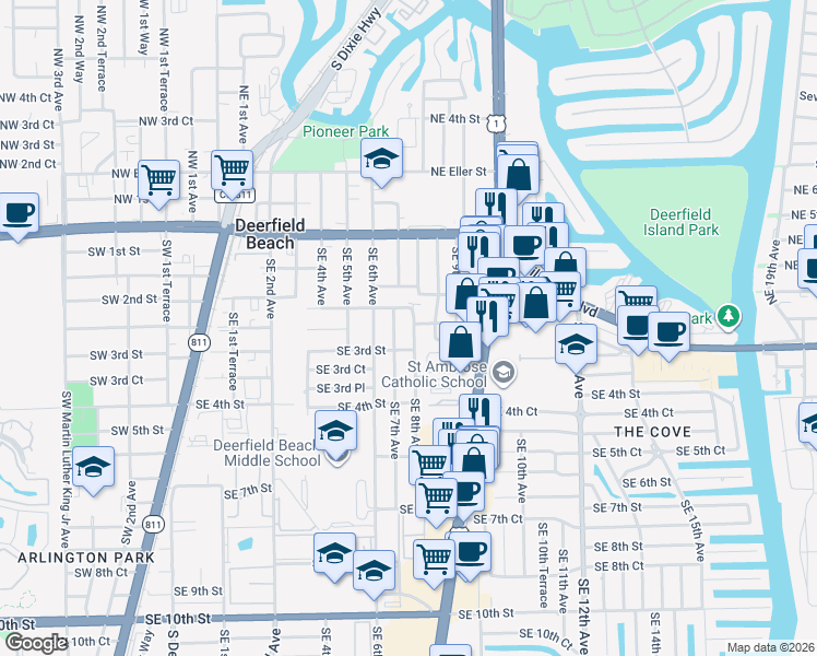 map of restaurants, bars, coffee shops, grocery stores, and more near 298 Southeast 8th Avenue in Deerfield Beach