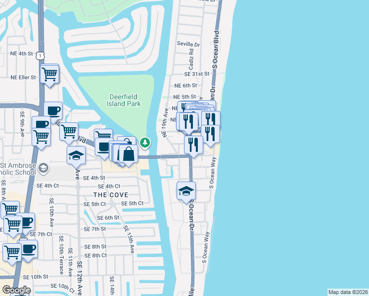 map of restaurants, bars, coffee shops, grocery stores, and more near 102 Southeast 19th Avenue in Deerfield Beach