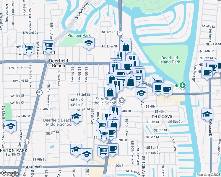 map of restaurants, bars, coffee shops, grocery stores, and more near 898 Southeast 2nd Place in Deerfield Beach