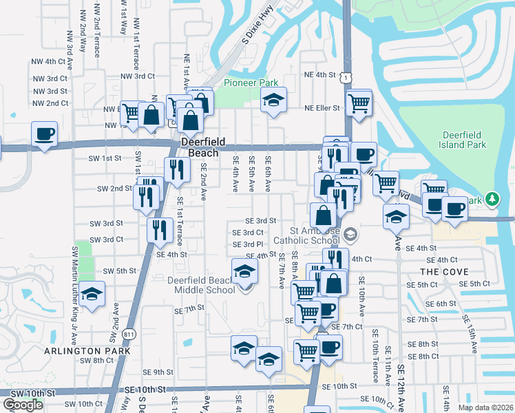 map of restaurants, bars, coffee shops, grocery stores, and more near 429 Southeast 3rd Street in Deerfield Beach