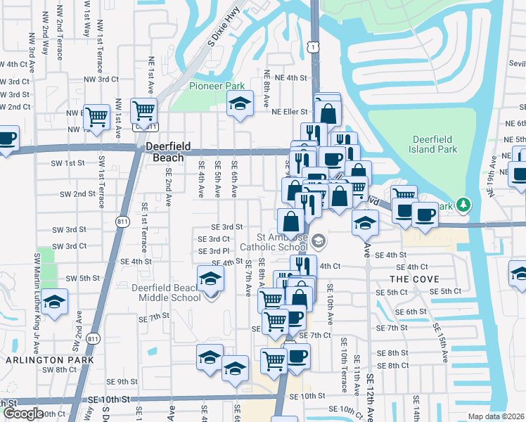 map of restaurants, bars, coffee shops, grocery stores, and more near 298 Southeast 8th Avenue in Deerfield Beach