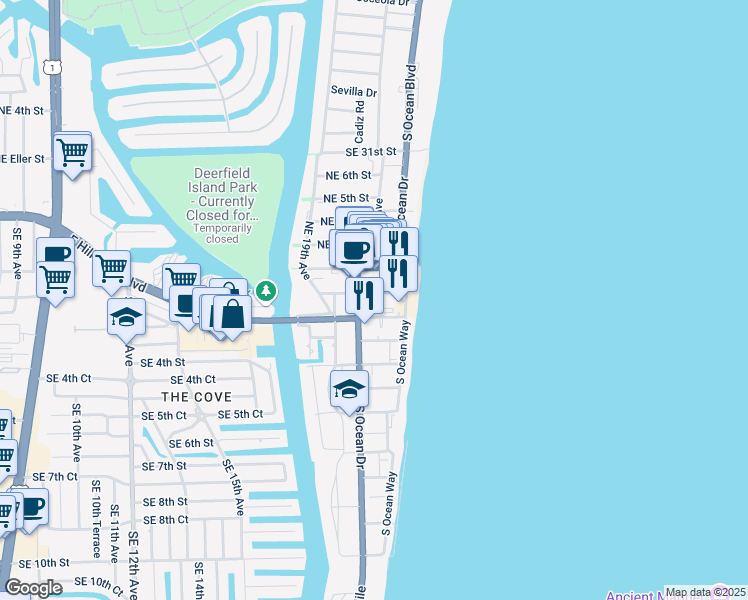 map of restaurants, bars, coffee shops, grocery stores, and more near 2060 Northeast 1st Street in Deerfield Beach