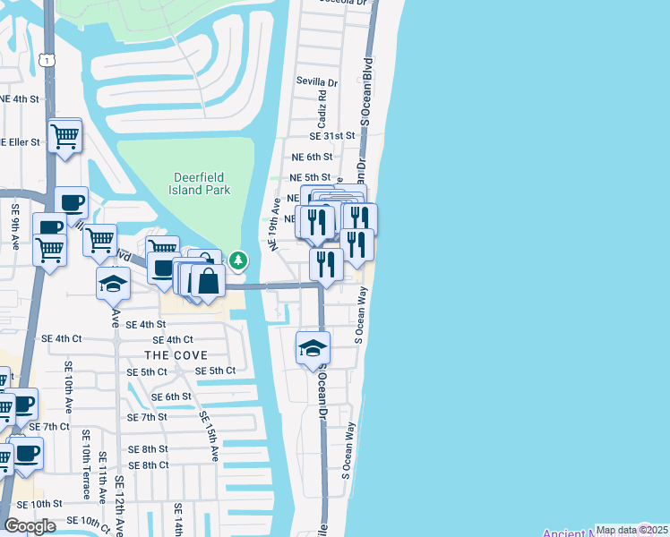 map of restaurants, bars, coffee shops, grocery stores, and more near 10 North Ocean Drive in Deerfield Beach