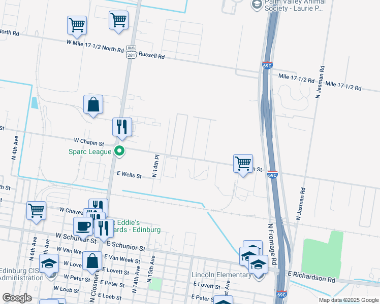 map of restaurants, bars, coffee shops, grocery stores, and more near 615 East Chapin Street in Edinburg