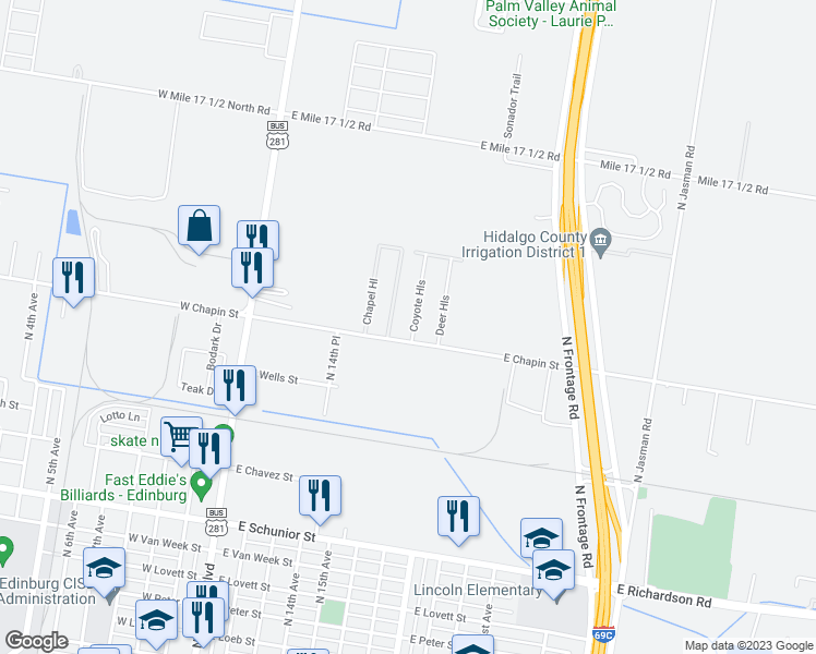 map of restaurants, bars, coffee shops, grocery stores, and more near 1409 Coyote Hills in Edinburg