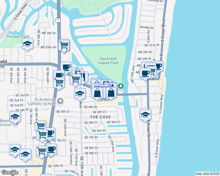 map of restaurants, bars, coffee shops, grocery stores, and more near 1629 Riverview Road in Deerfield Beach