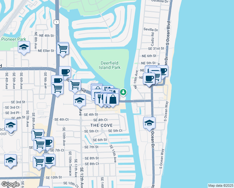 map of restaurants, bars, coffee shops, grocery stores, and more near 1635 Riverview Road in Deerfield Beach