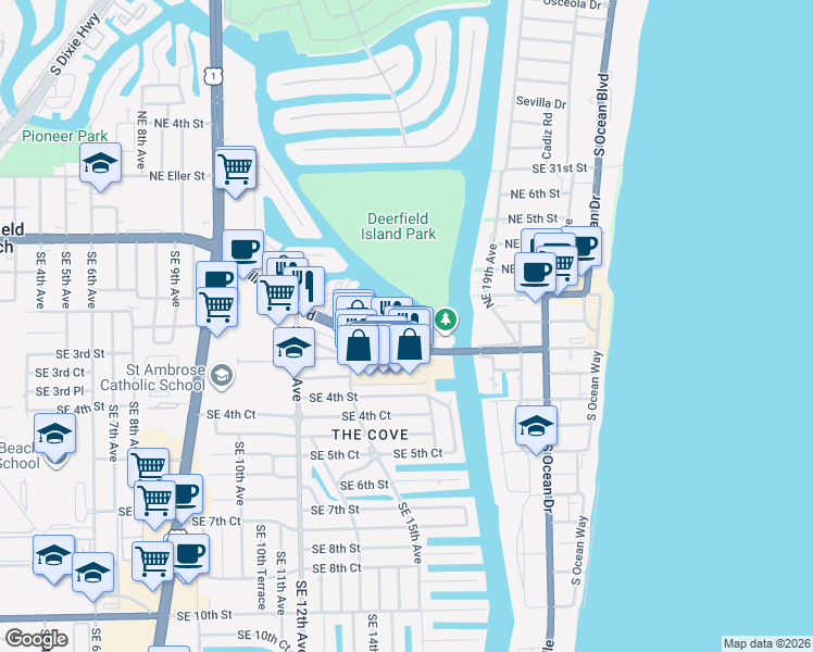 map of restaurants, bars, coffee shops, grocery stores, and more near 1629 Riverview Road in Deerfield Beach