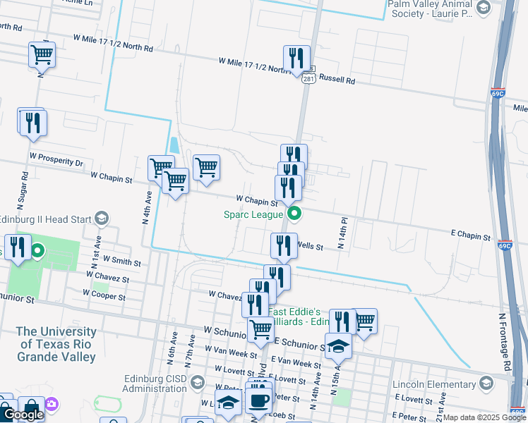 map of restaurants, bars, coffee shops, grocery stores, and more near 1315 Bodark Drive in Edinburg