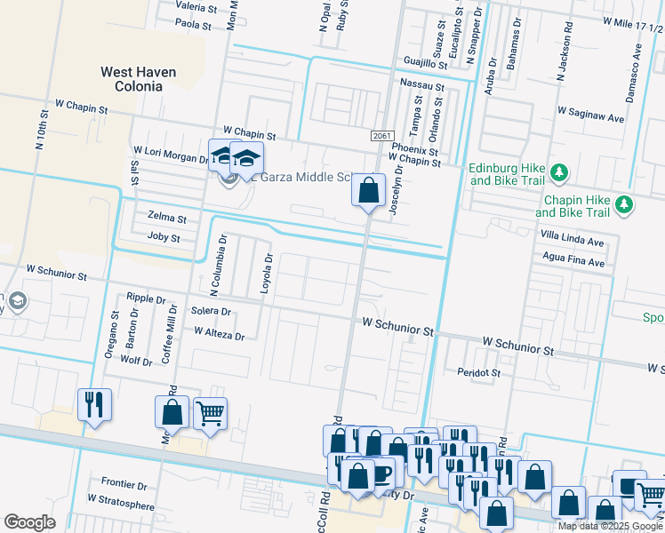 map of restaurants, bars, coffee shops, grocery stores, and more near 1112 Loyola Drive in Edinburg