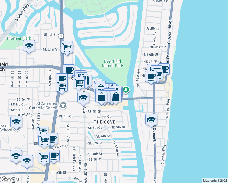 map of restaurants, bars, coffee shops, grocery stores, and more near 1629 Riverview Road in Deerfield Beach