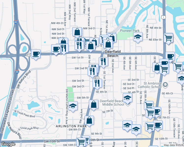 map of restaurants, bars, coffee shops, grocery stores, and more near 123 Southwest 2nd Court in Deerfield Beach