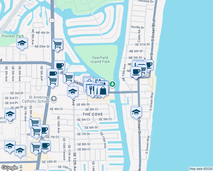 map of restaurants, bars, coffee shops, grocery stores, and more near 1635 Riverview Road in Deerfield Beach