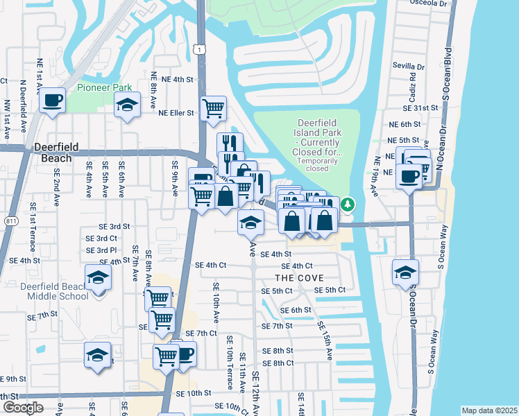 map of restaurants, bars, coffee shops, grocery stores, and more near 1301 East Hillsboro Boulevard in Deerfield Beach