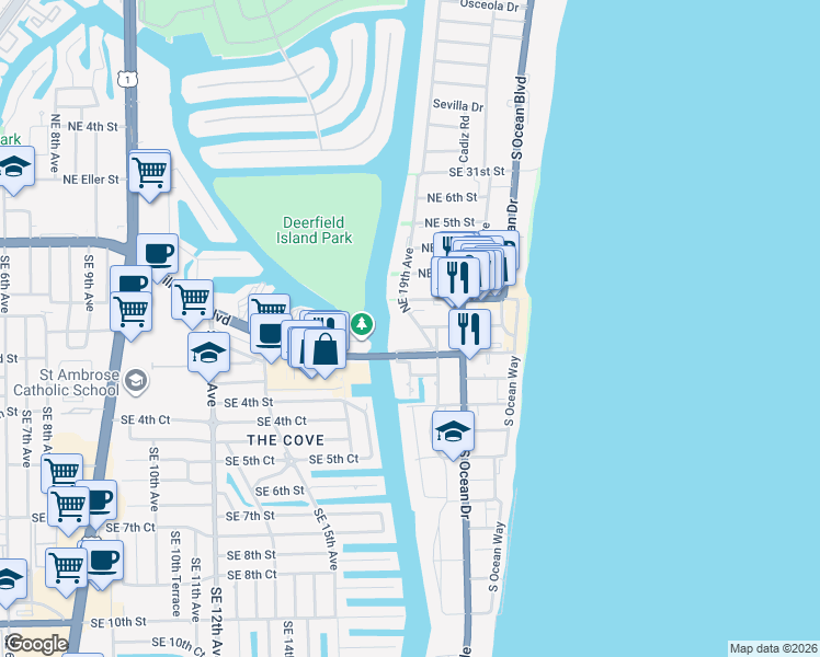 map of restaurants, bars, coffee shops, grocery stores, and more near 120 Northeast 19th Avenue in Deerfield Beach